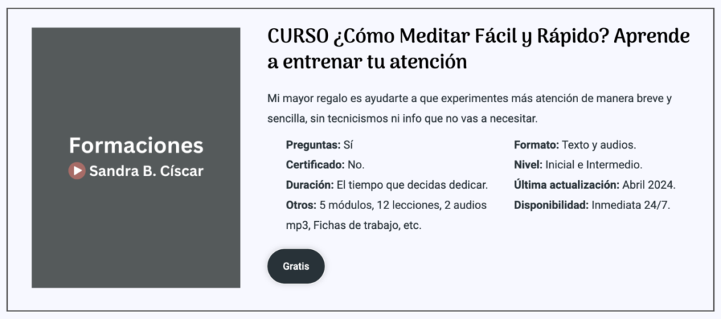 Curso mindfulness, entrenamietno atención estrés laboral y burnout. Sandra B. Císcar psicóloga en Ibiza y online.